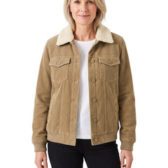 Mavis women's khaki ribbed corduroy jacket with cream fleece-lined collar