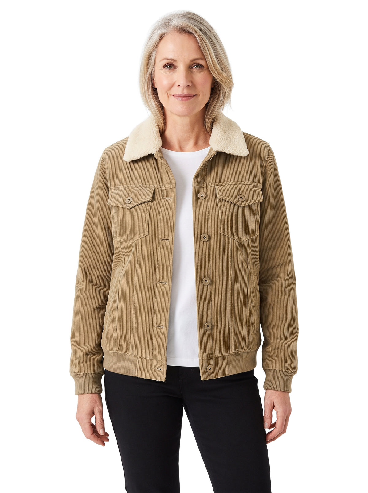 Mavis women's khaki ribbed corduroy jacket with cream fleece-lined collar