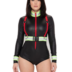 Women's neon-stripe firefighter bodysuit costume set in black