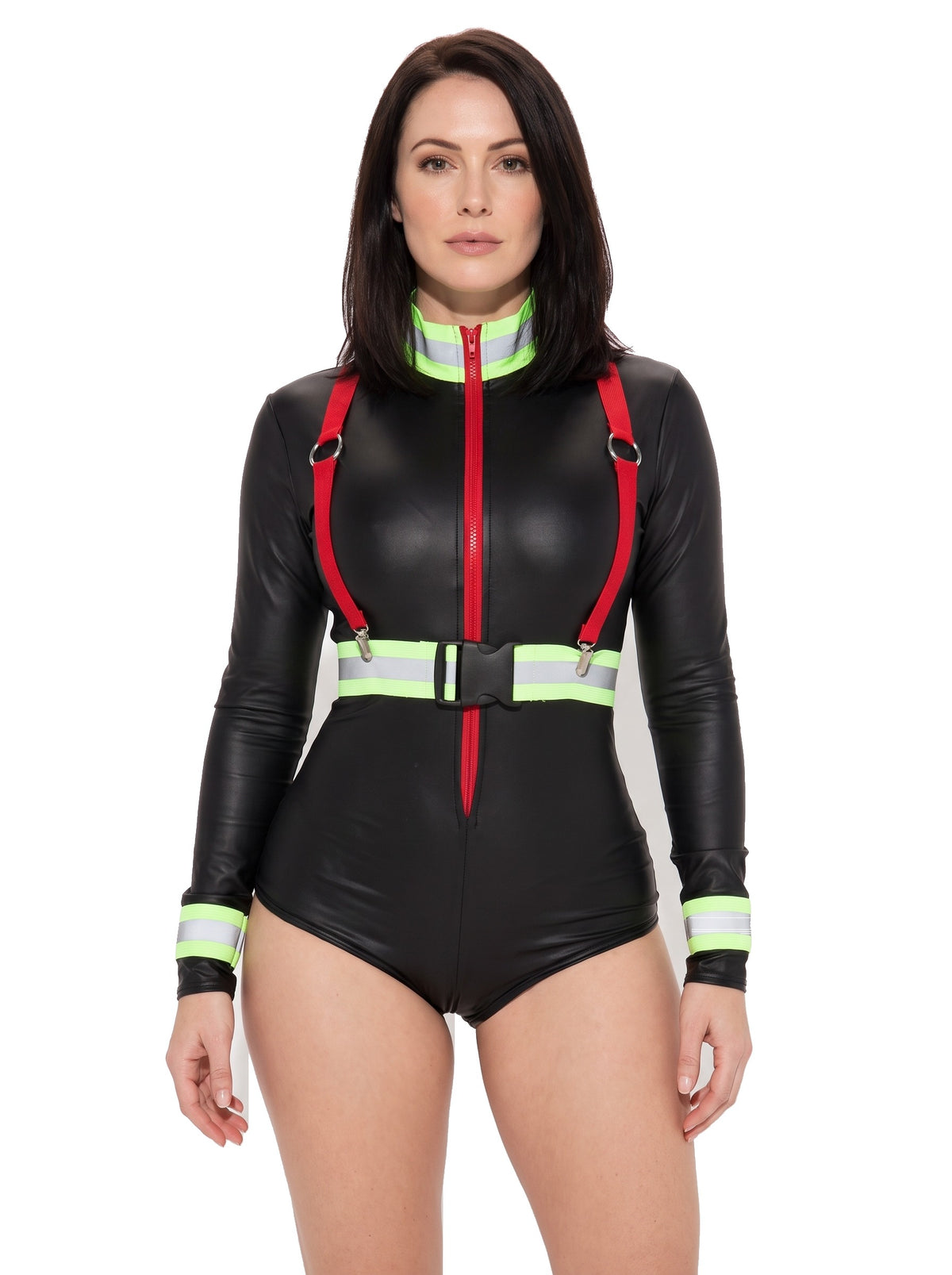 Women's neon-stripe firefighter bodysuit costume set in black