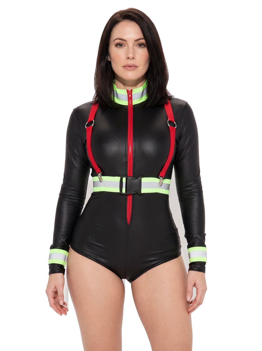 Women's neon-stripe firefighter bodysuit costume set in black