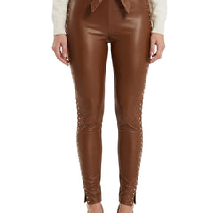 Women's studded skinny trousers with tie-waist detail in brown faux leather
