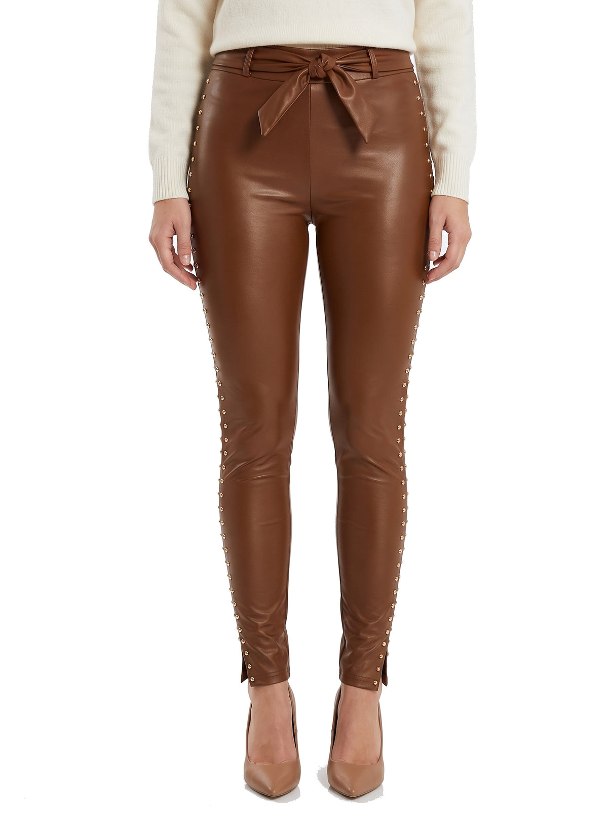 Women's studded skinny trousers with tie-waist detail in brown faux leather