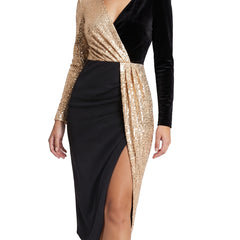 Women's gold sequin colour-block front-slit mini dress