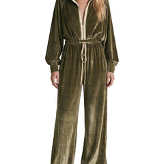 Women's plaid velvet-feel wide-leg jumpsuit in olive green
