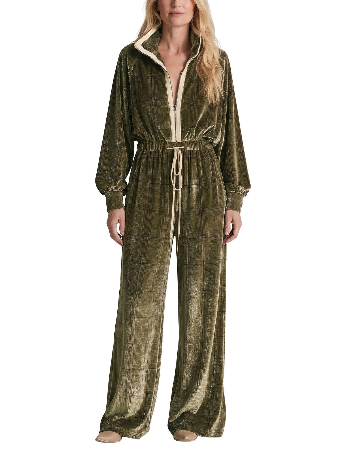 Women's plaid velvet-feel wide-leg jumpsuit in olive green