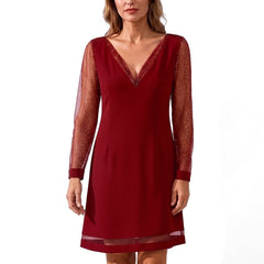 Women's glitter-sleeve V-neck mini dress in burgundy red