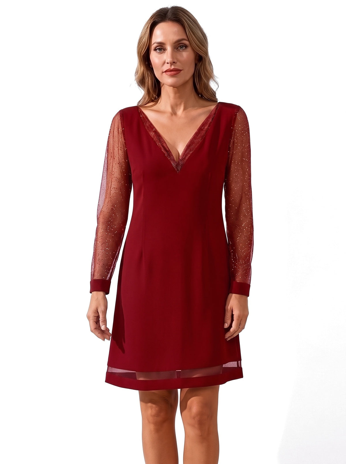 Women's glitter-sleeve V-neck mini dress in burgundy red