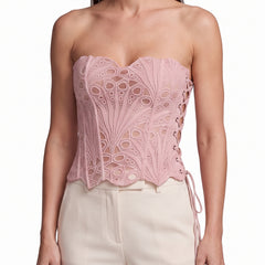 Women's lace-up corset top in pale pink guipure lace