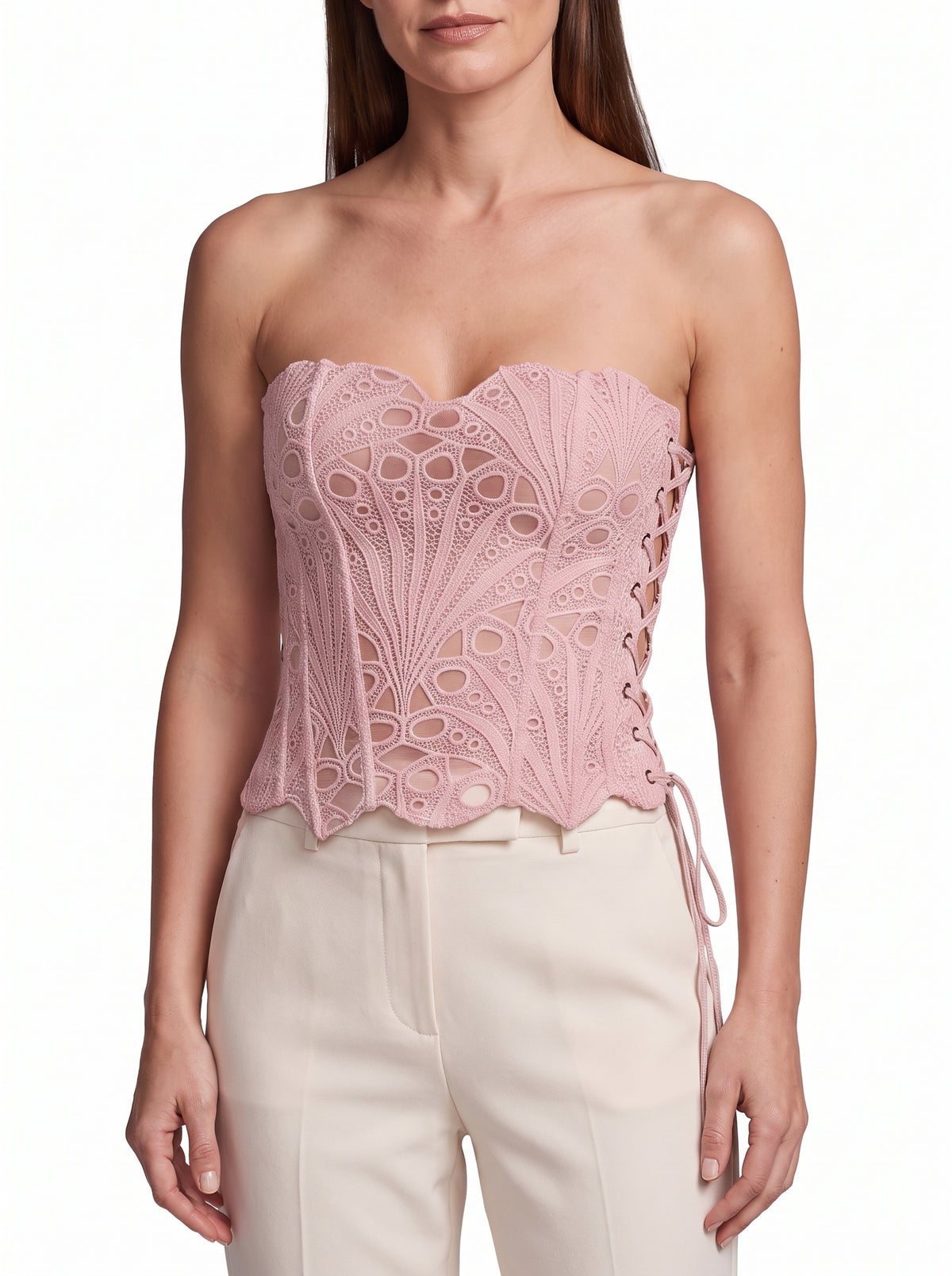 Women's lace-up corset top in pale pink guipure lace
