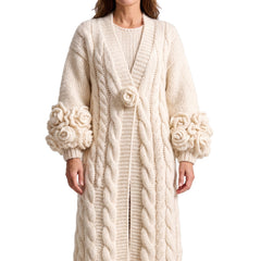 Women's oversized floral-applique cable-knit cardigan set in cream