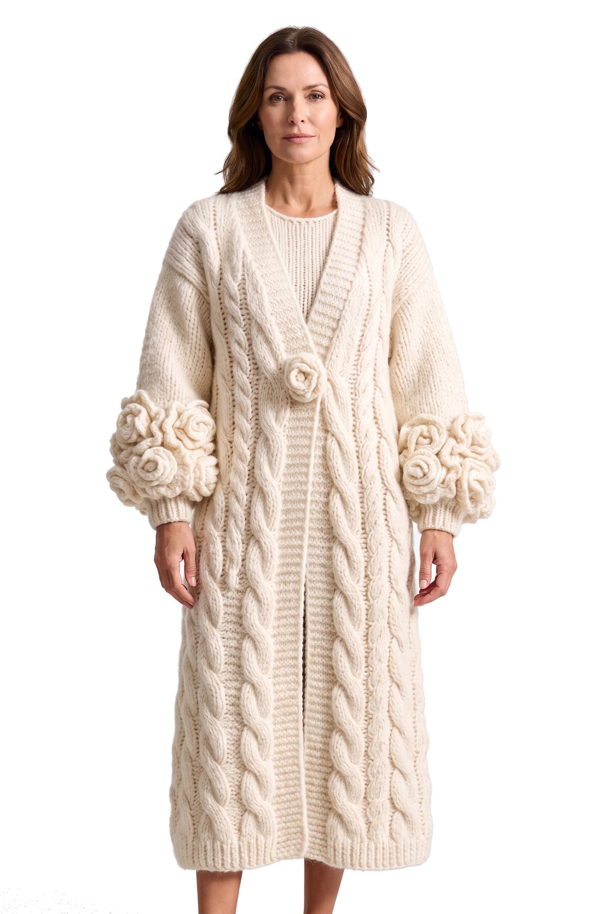 Women's oversized floral-applique cable-knit cardigan set in cream