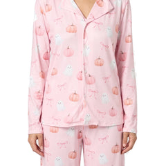 Women's Ghost and Pumpkin Print Pajama Set in pink