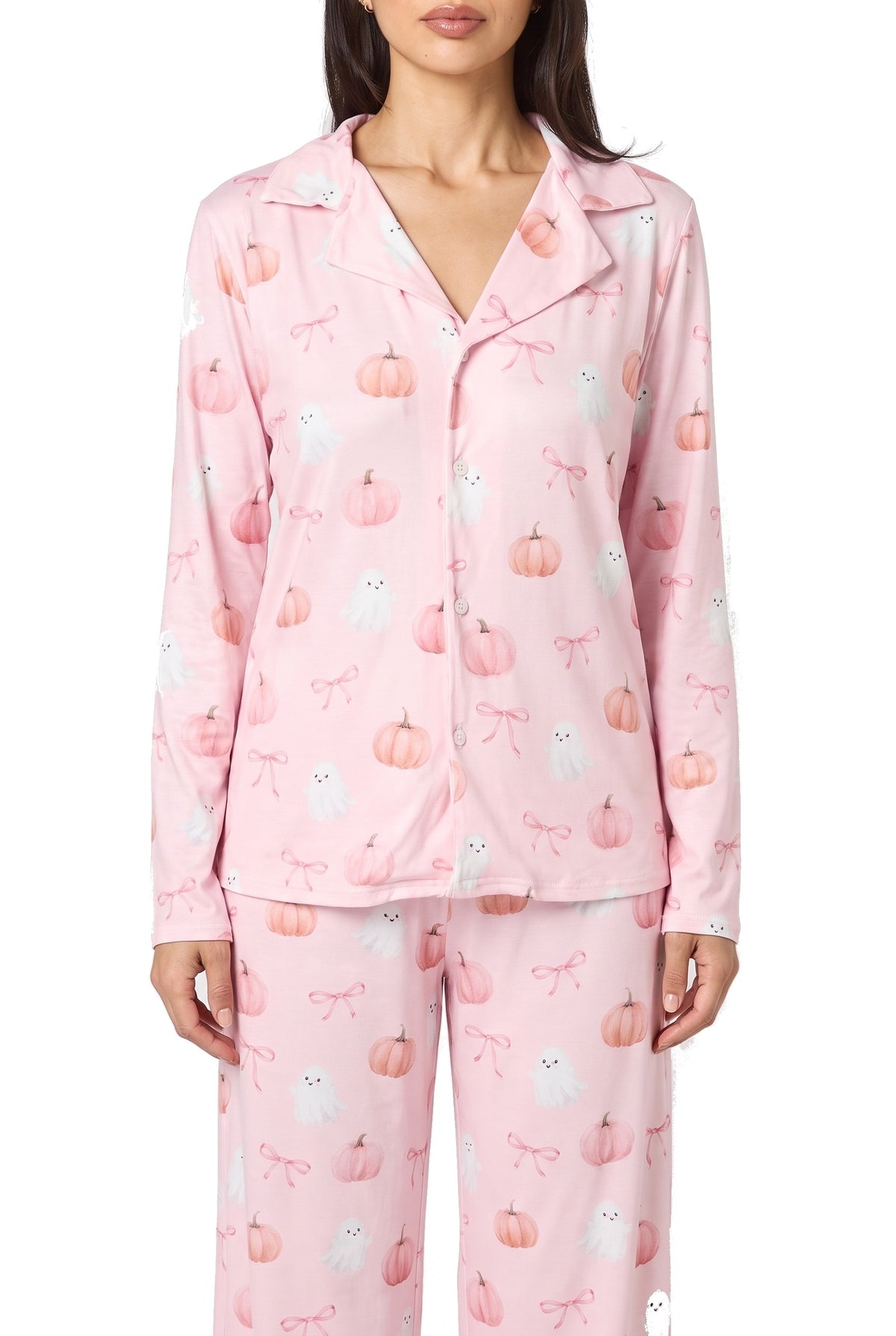 Women's Ghost and Pumpkin Print Pajama Set in pink