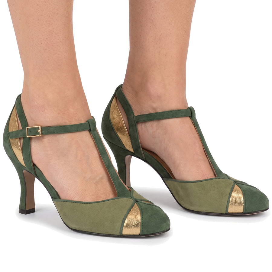Women's metallic T-strap closed-toe kitten heels in green suede with gold trim