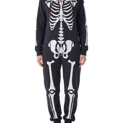Women's skeleton print hooded zip-up jumpsuit