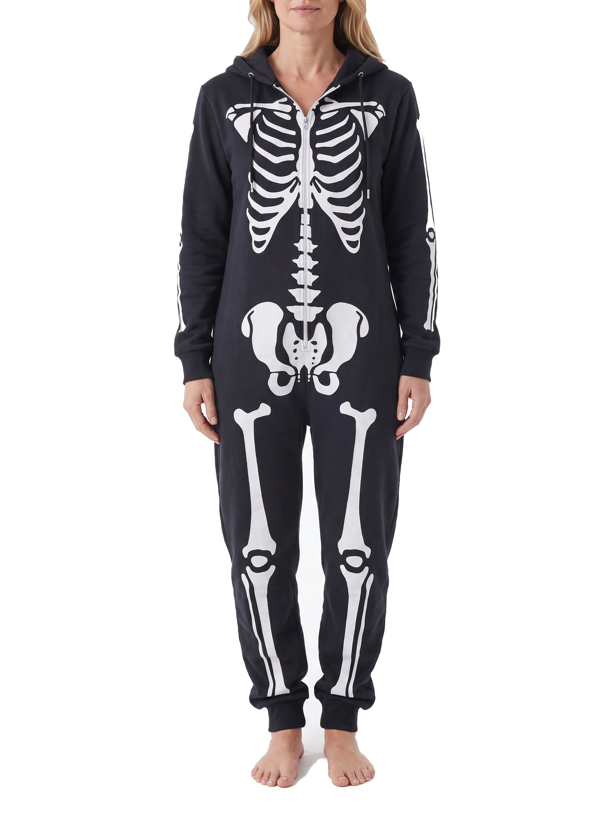 Women's skeleton print hooded zip-up jumpsuit