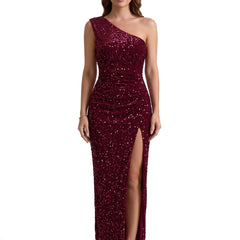 Women's burgundy sequin one-shoulder high-slit maxi dress
