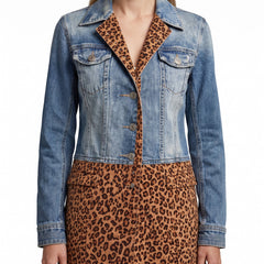 Paloma-Vera leopard patchwork longline denim jacket worn by model