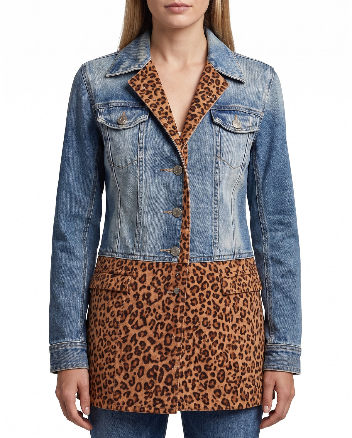 Paloma-Vera leopard patchwork longline denim jacket worn by model