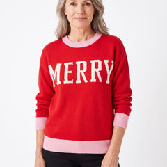 Beatrix-Isabelle Women's Crew Neck Holiday Sweater with Lettering and Pink Trim