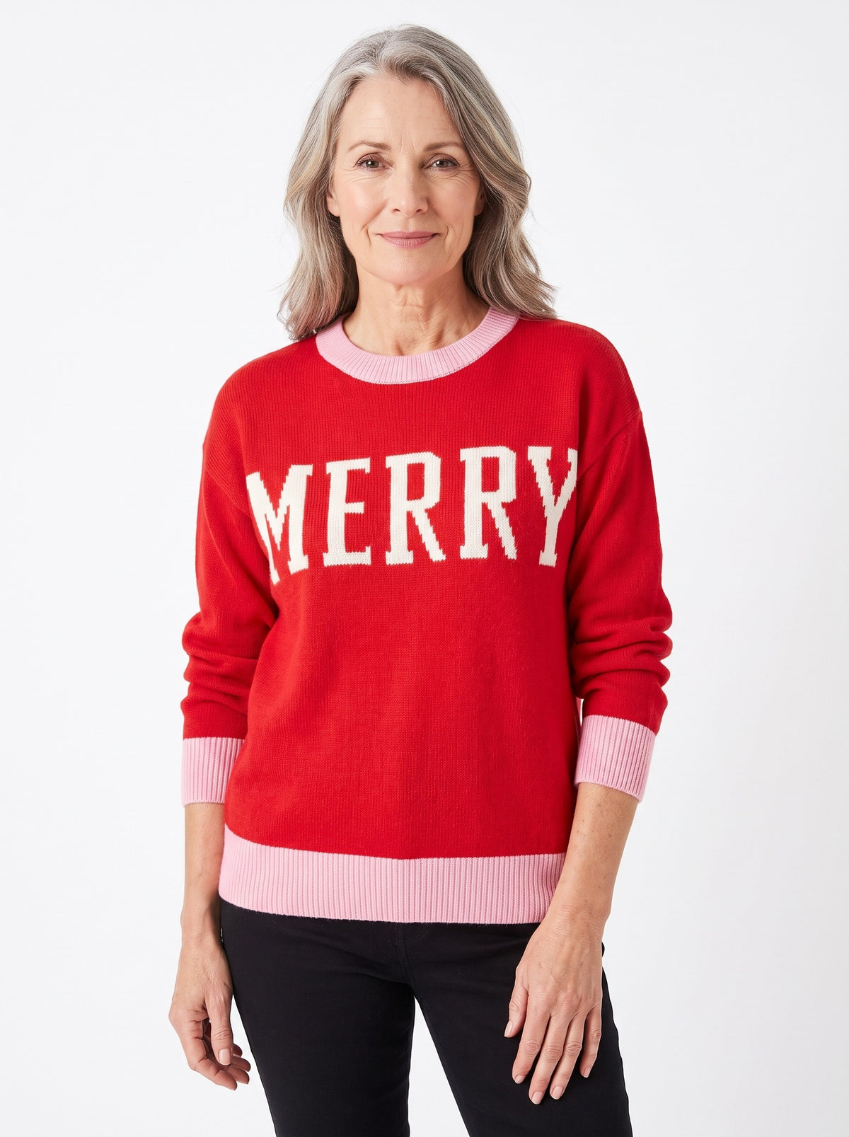 Beatrix-Isabelle Women's Crew Neck Holiday Sweater with Lettering and Pink Trim