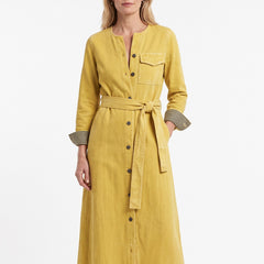 Adele-Alma Women's Belted Button-Front Denim Maxi Dress worn by a model