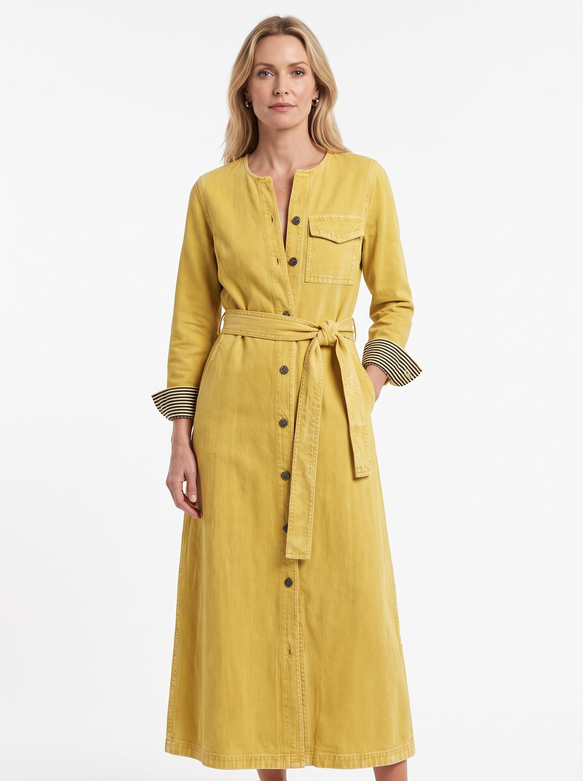 Adele-Alma Women's Belted Button-Front Denim Maxi Dress worn by a model
