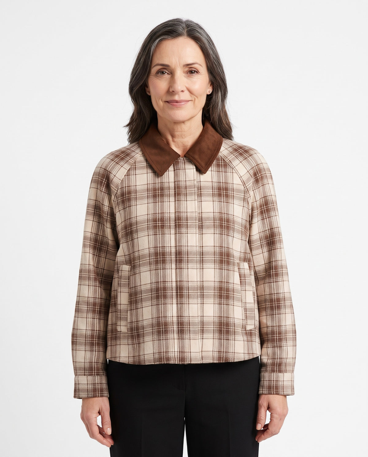 Olive-Penelope | Women's Boxy Checked Contrast-Collar Blouse