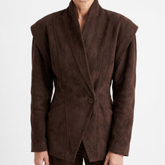 Daphne-Evelina structured suede-look wrap blazer coat worn by model