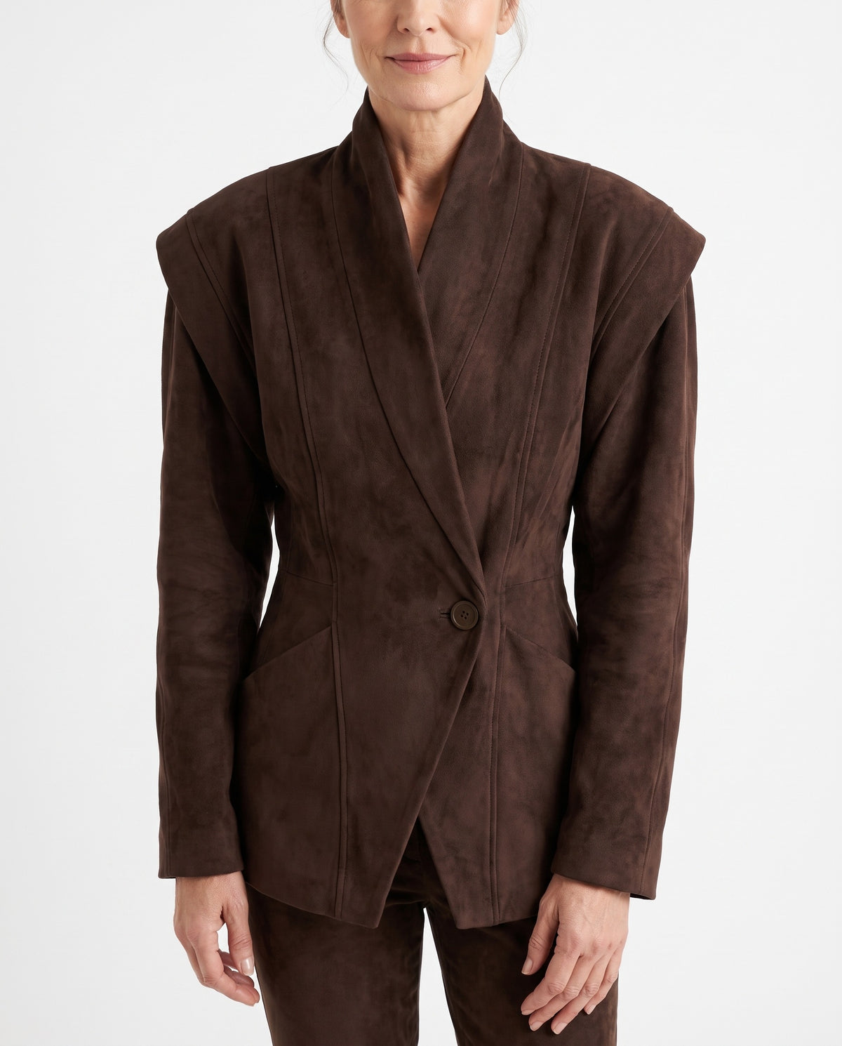Daphne-Evelina structured suede-look wrap blazer coat worn by model