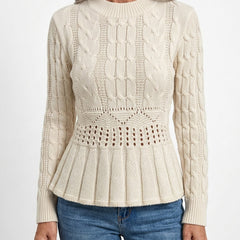 Alba-Cecile Women's Cable-Knit Peplum Sweater worn by model