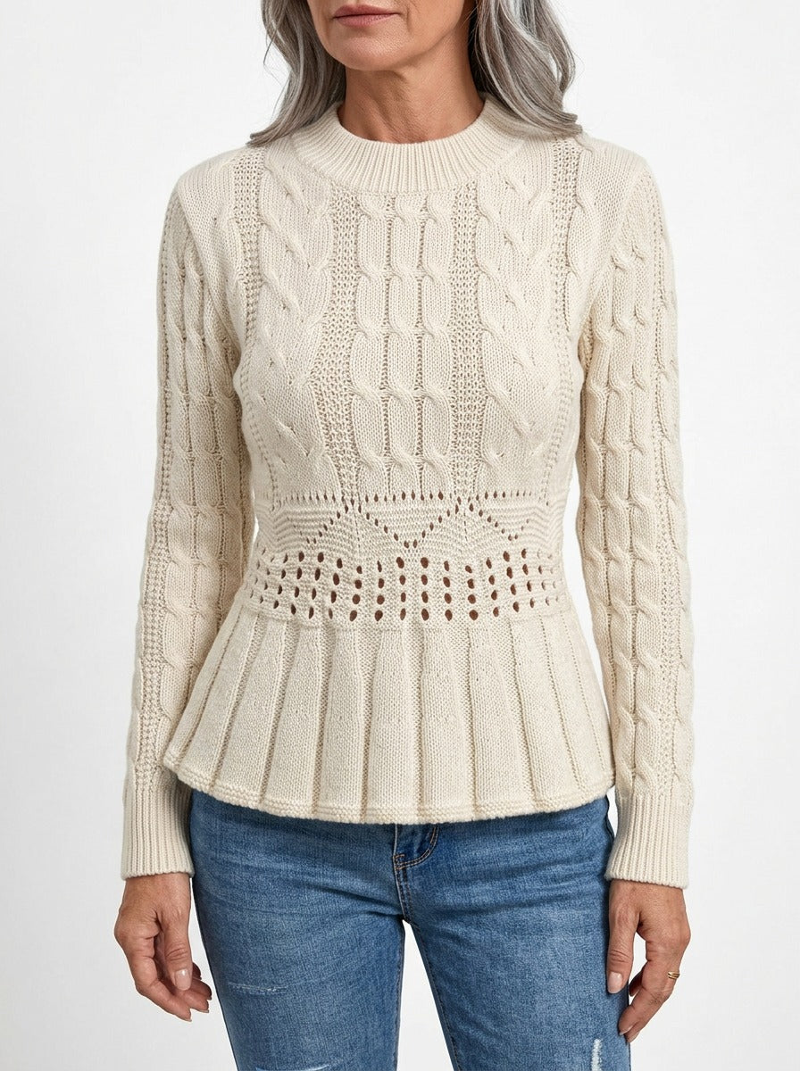 Alba-Cecile Women's Cable-Knit Peplum Sweater worn by model