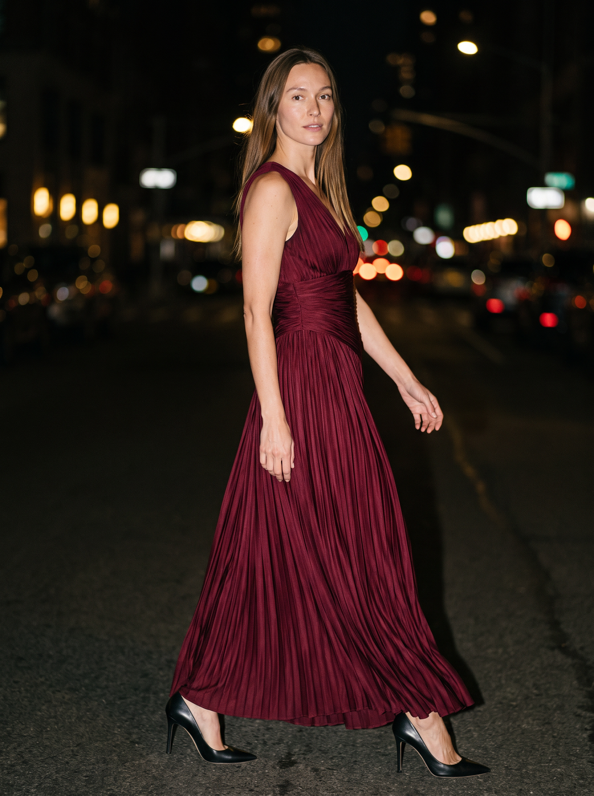 Celeste-Veronica | Women's All-Over Pleated V-Neck Maxi Dress