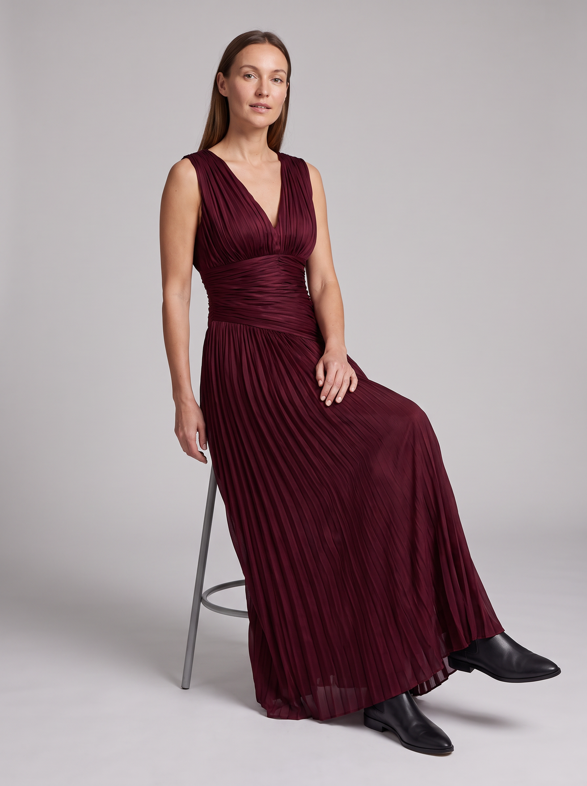 Celeste-Veronica | Women's All-Over Pleated V-Neck Maxi Dress