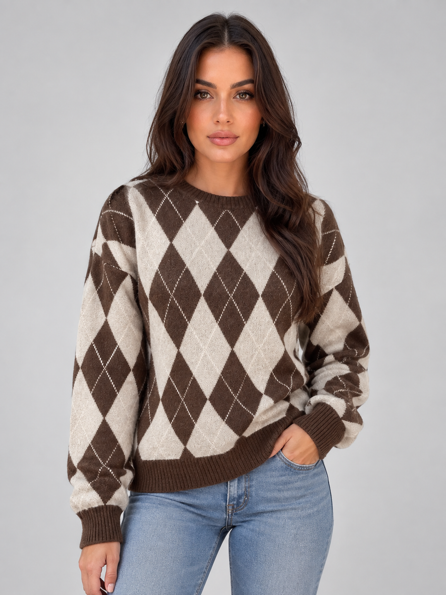 Frances | Women's Argyle Diamond-Knit Crew Neck Jumper