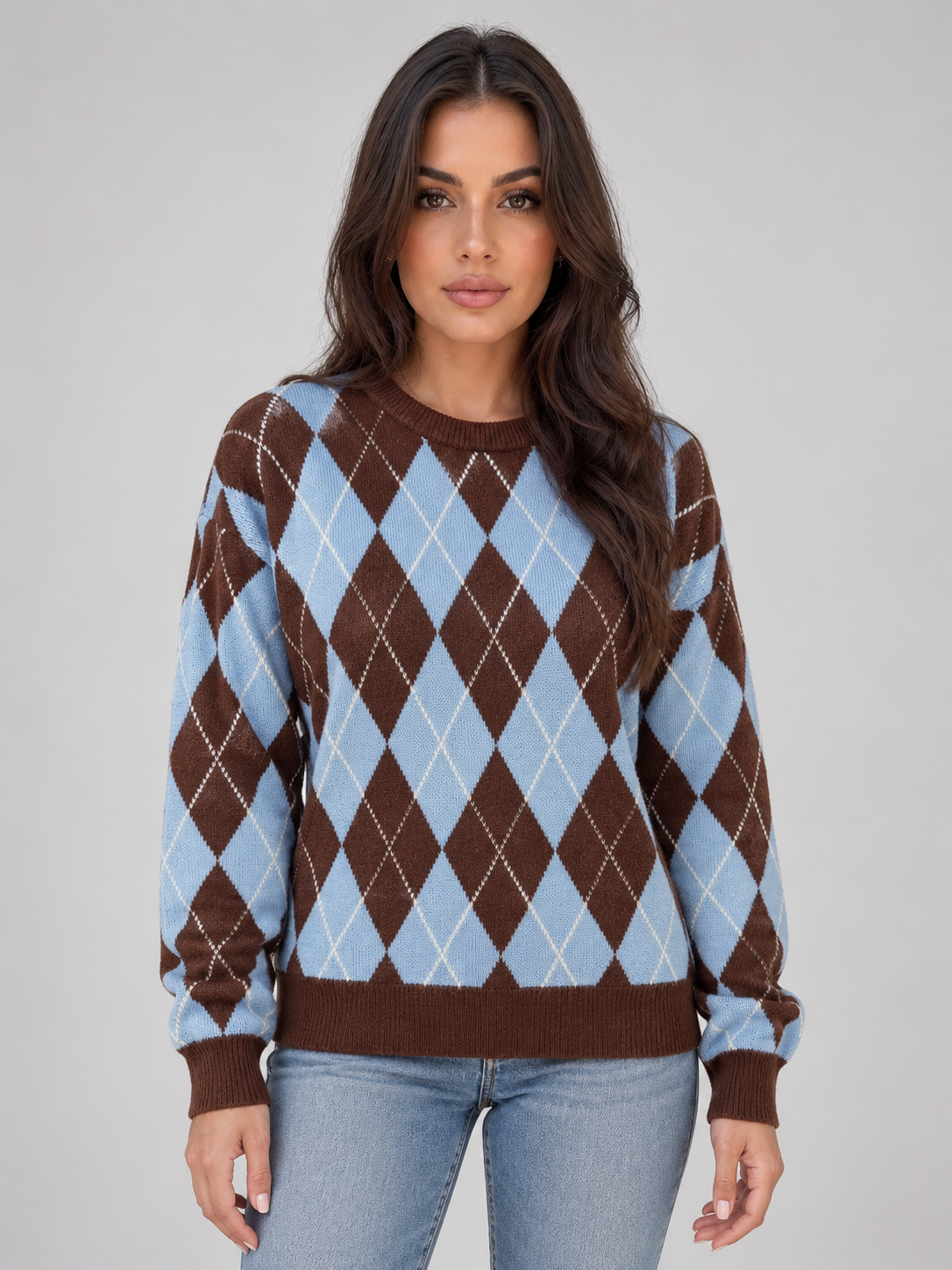 Frances | Women's Argyle Diamond-Knit Crew Neck Jumper