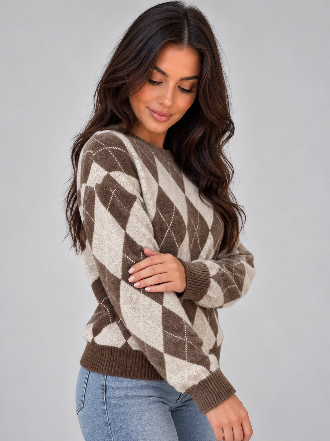 Frances | Women's Argyle Diamond-Knit Crew Neck Jumper