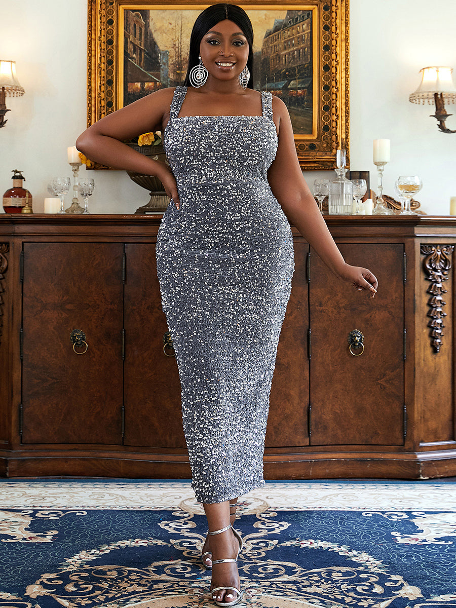 Matilda-Carmen | Women's Backless Square-Neck Sequin Midi Dress
