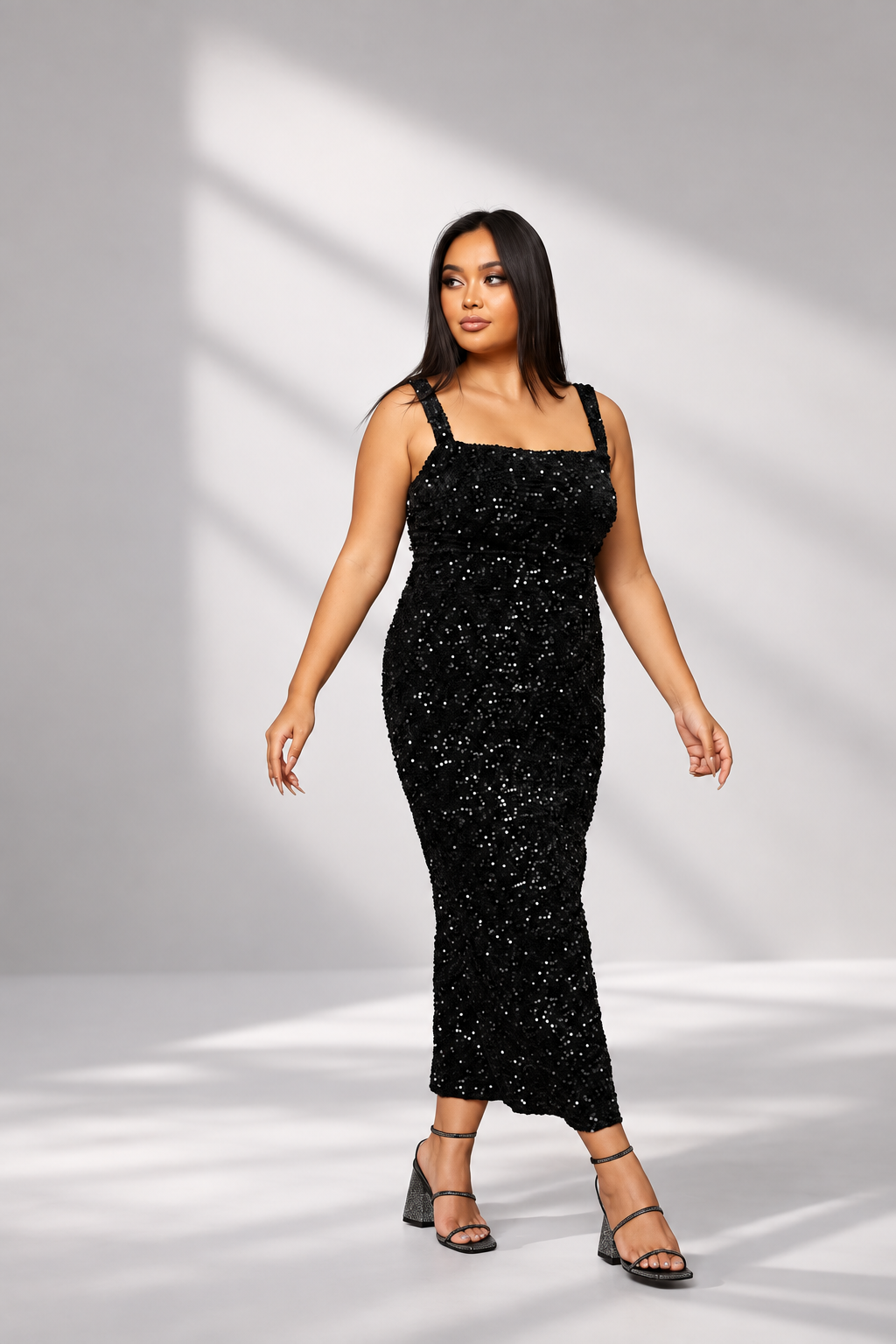 Matilda-Carmen | Women's Backless Square-Neck Sequin Midi Dress