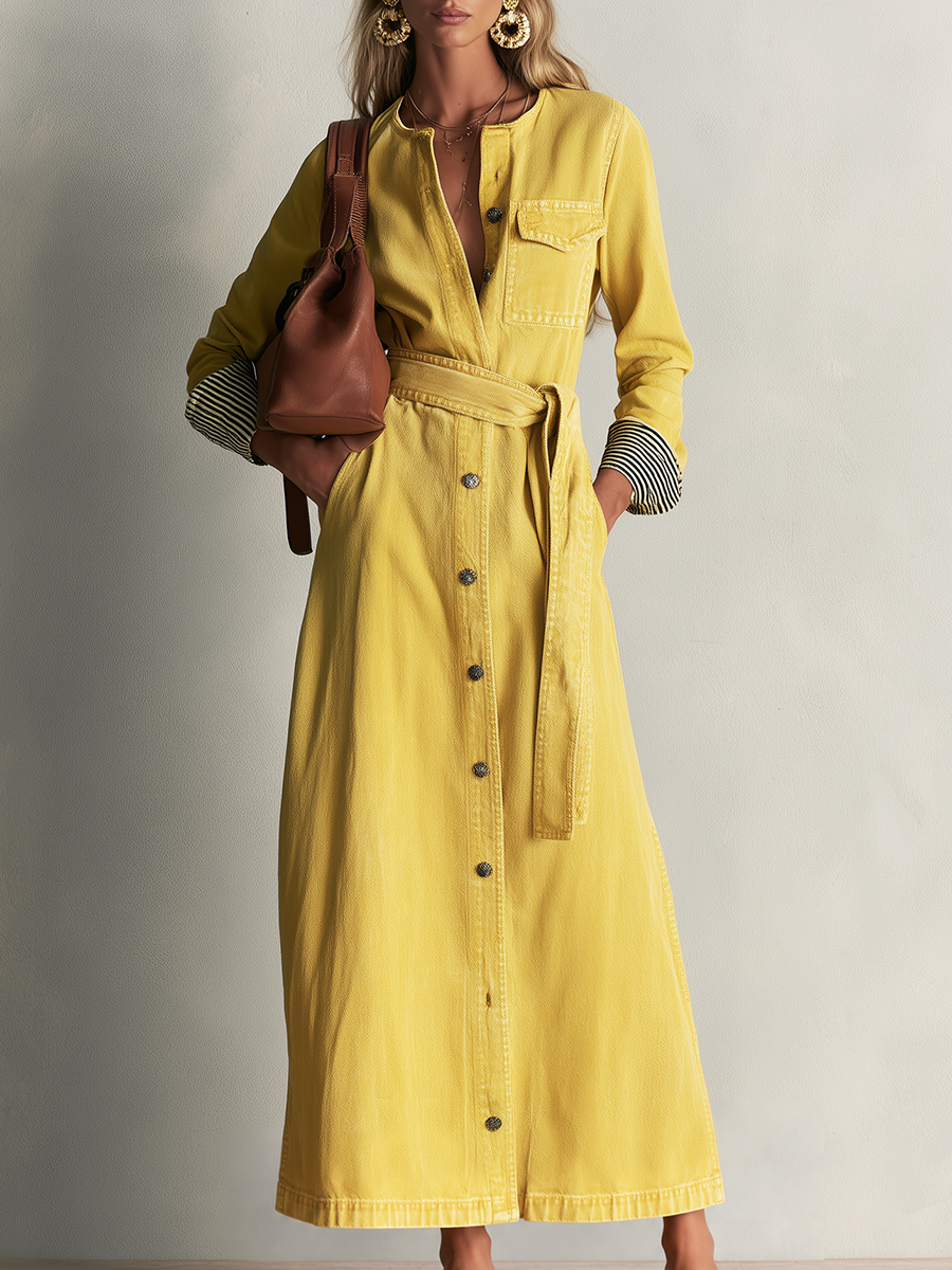 Adele-Alma | Women's Belted Button-Front Denim Maxi Dress