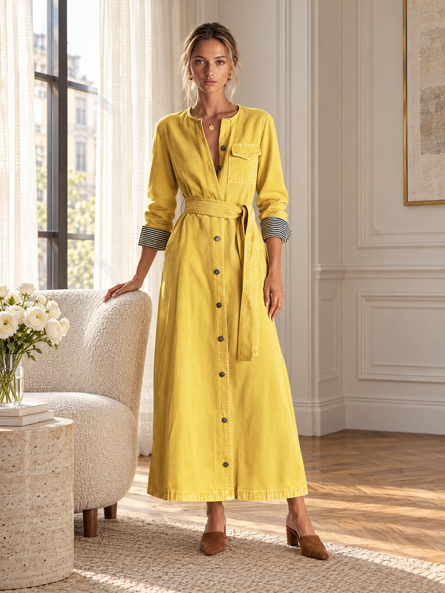 Adele-Alma | Women's Belted Button-Front Denim Maxi Dress