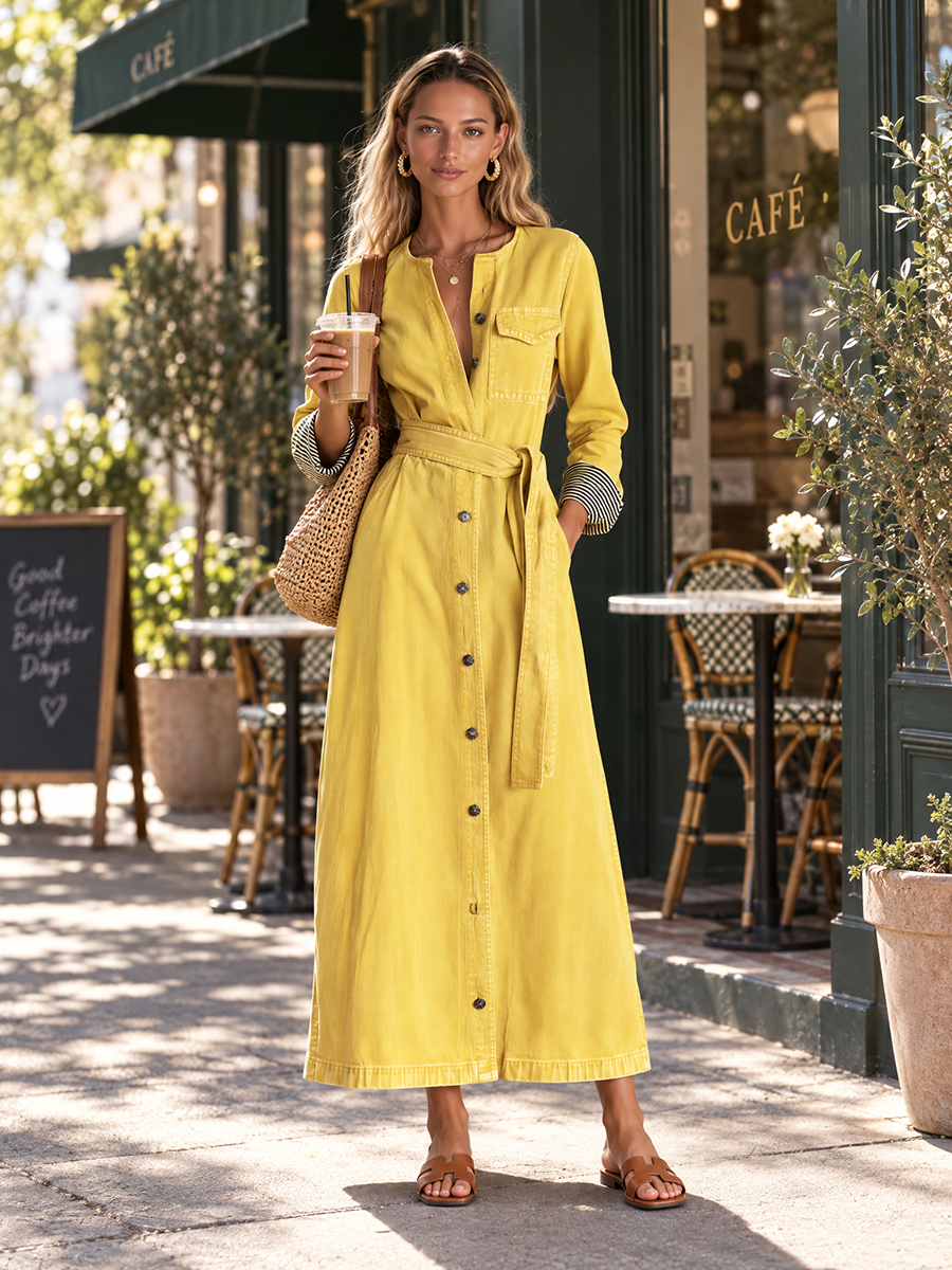 Adele-Alma | Women's Belted Button-Front Denim Maxi Dress
