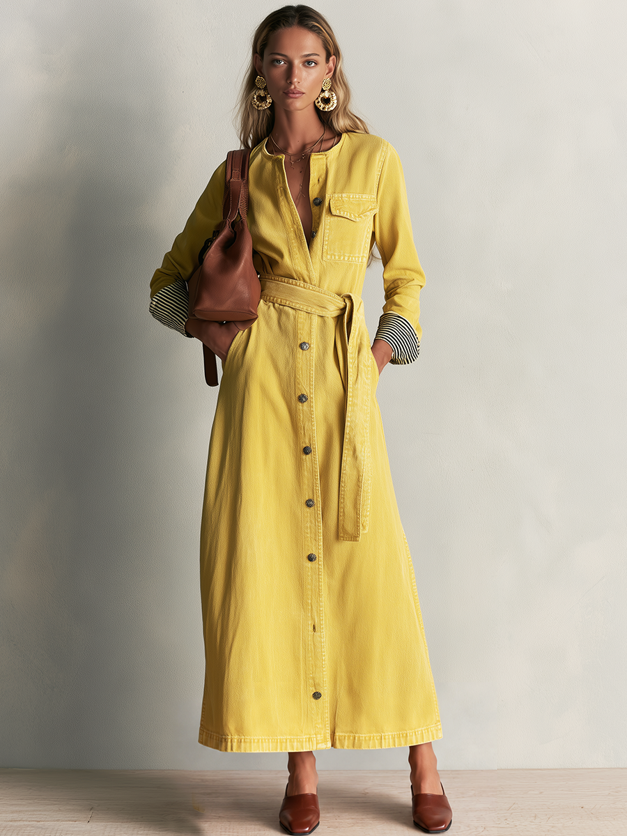 Adele-Alma | Women's Belted Button-Front Denim Maxi Dress