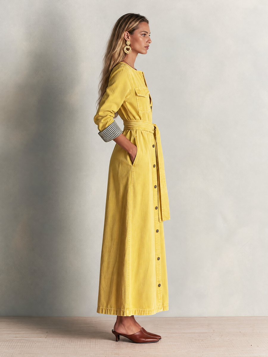 Adele-Alma | Women's Belted Button-Front Denim Maxi Dress