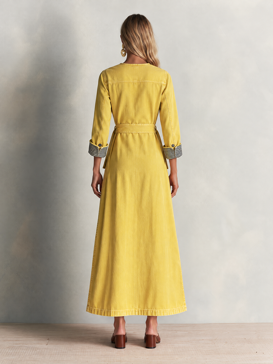Adele-Alma | Women's Belted Button-Front Denim Maxi Dress