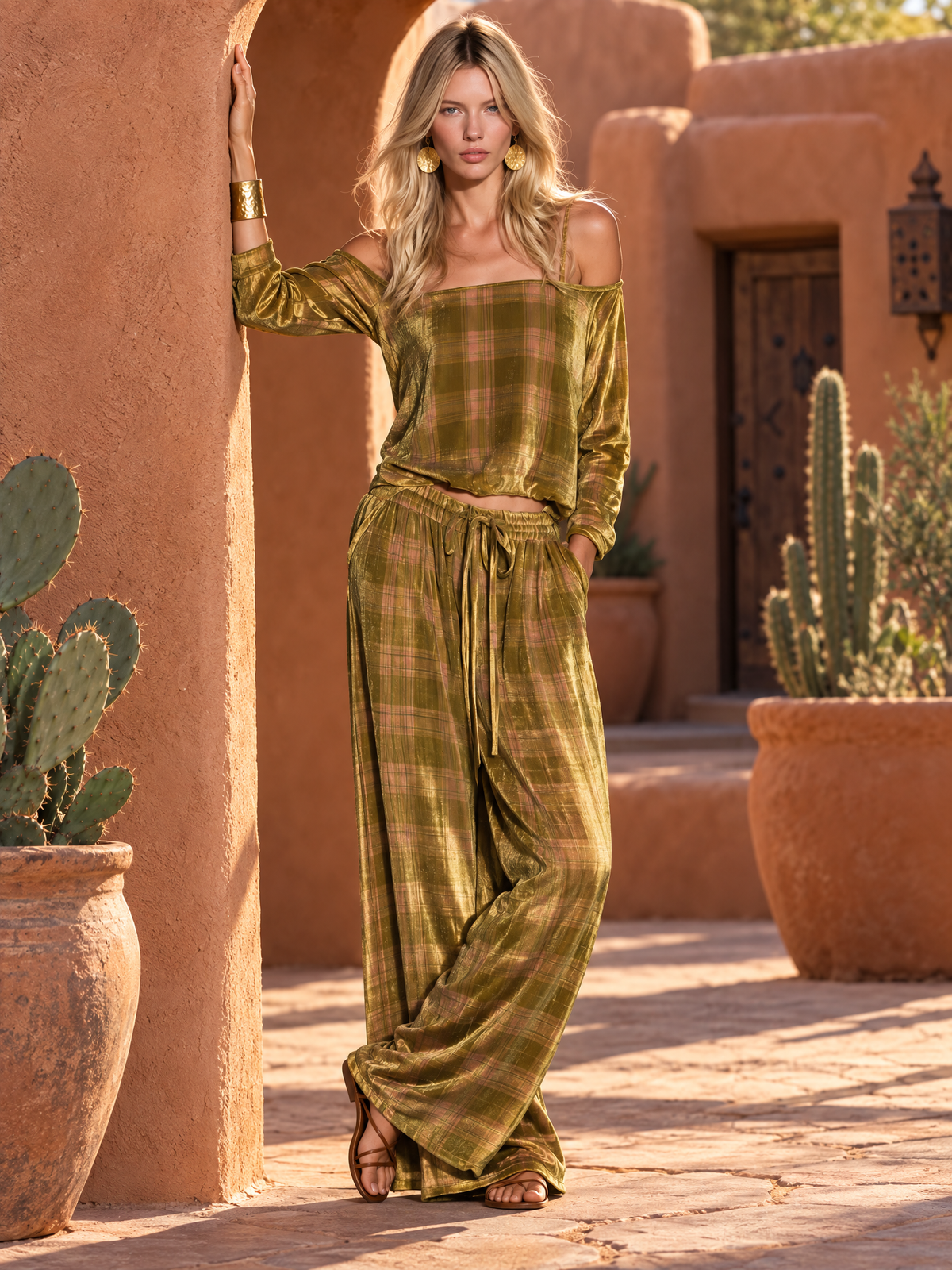 Ruth | Women's Boho Velvet Off-Shoulder Top & Palazzo Pants Set