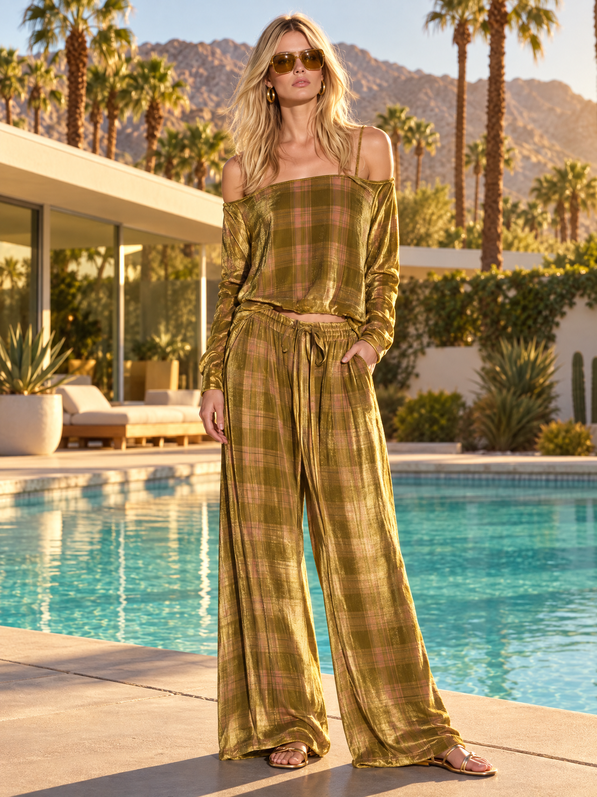 Ruth | Women's Boho Velvet Off-Shoulder Top & Palazzo Pants Set