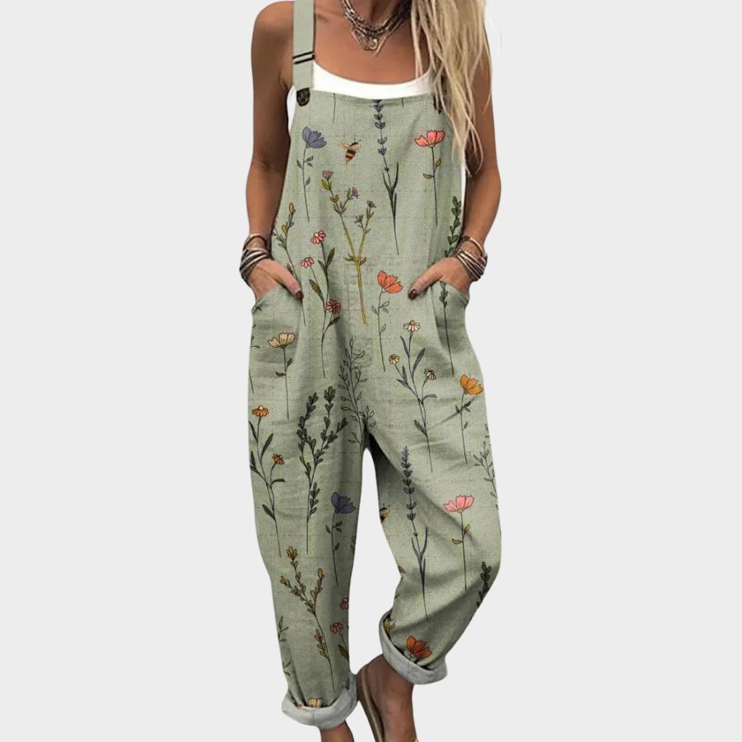 Celeste-Verna | Women's Botanical-Print Bib-Front Jumpsuit