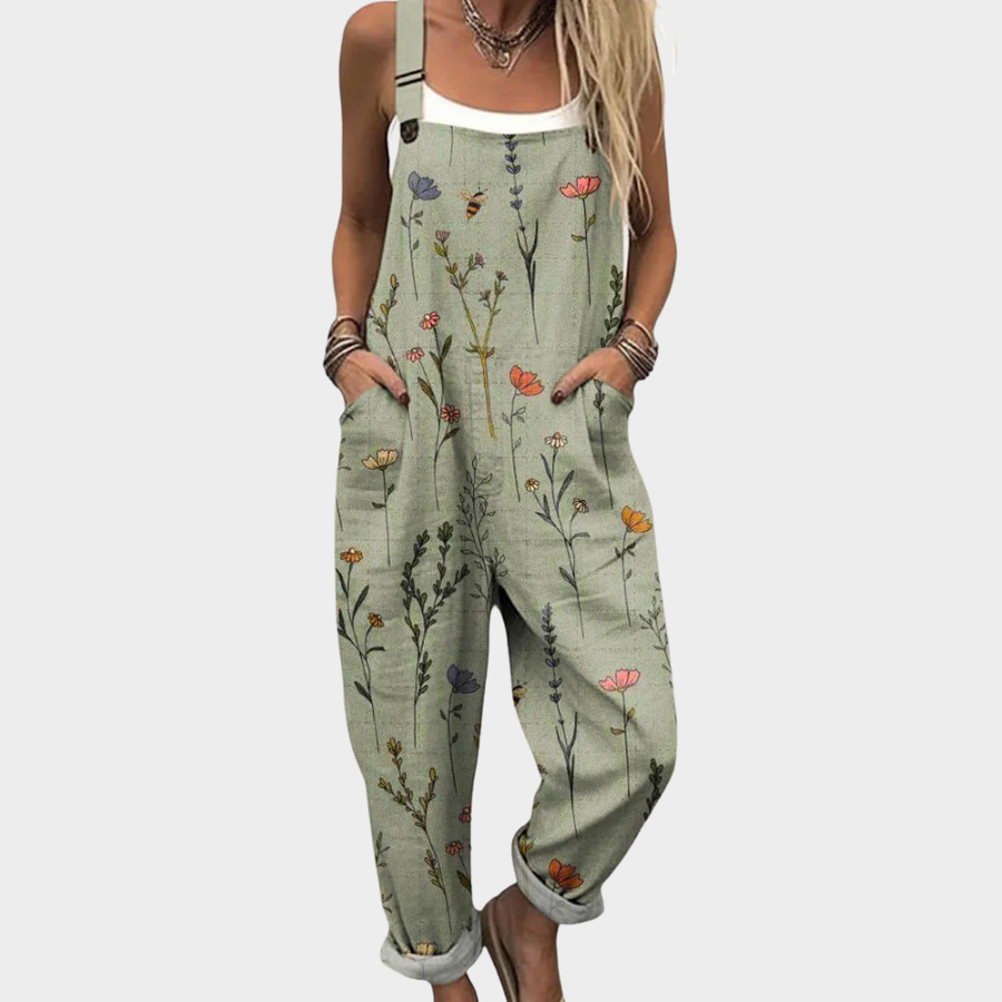 Celeste-Verna | Women's Botanical-Print Bib-Front Jumpsuit